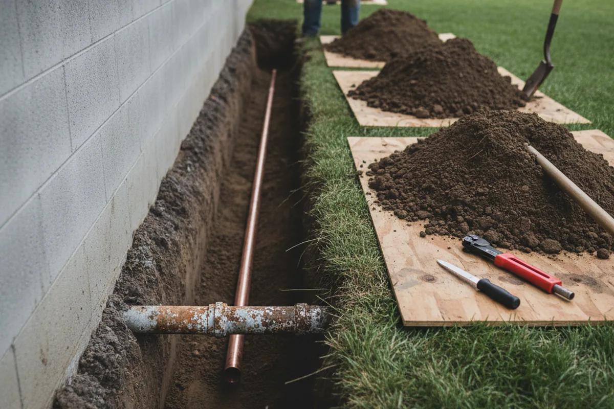 Excavated water line trench during Water Softener Installation in Erving
